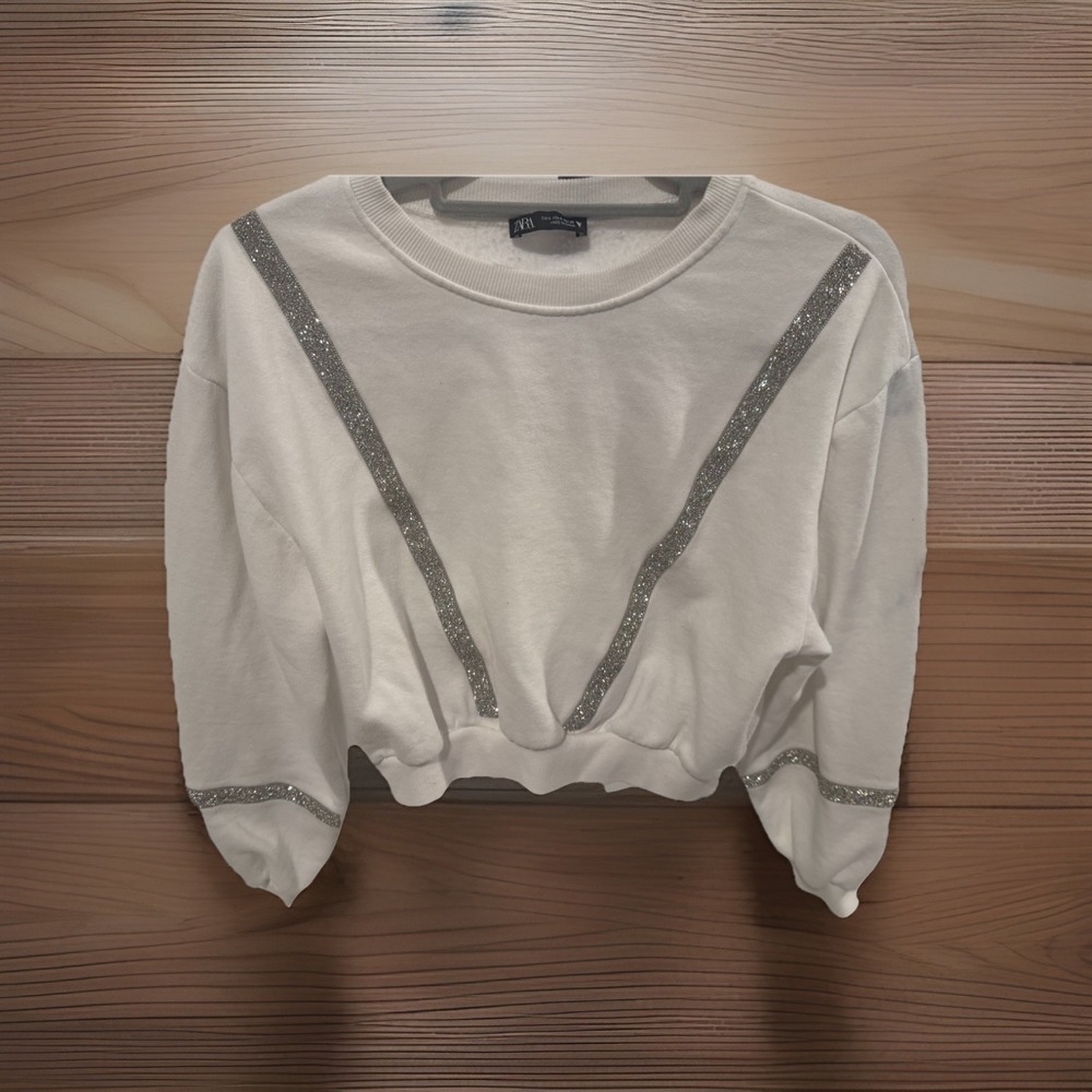 ZARA Women's Cream Cropped Rhinestone Beaded Sweatshirt  Sz S